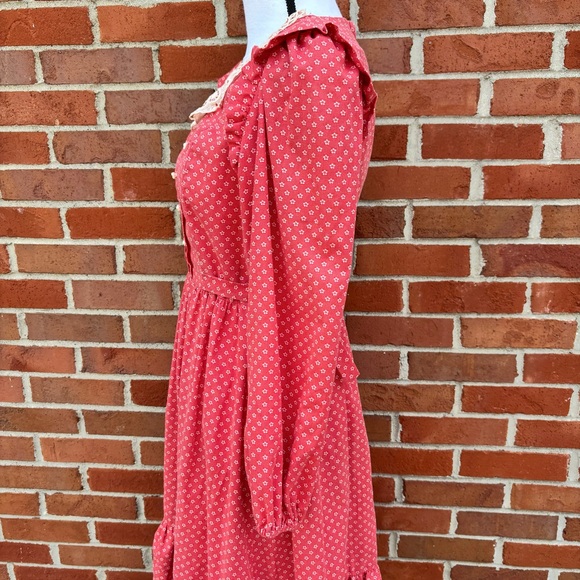 Vintage Candi Jones California Red Floral Print Long Sleeve Dress Ruffles Lace - Picture 5 of 9